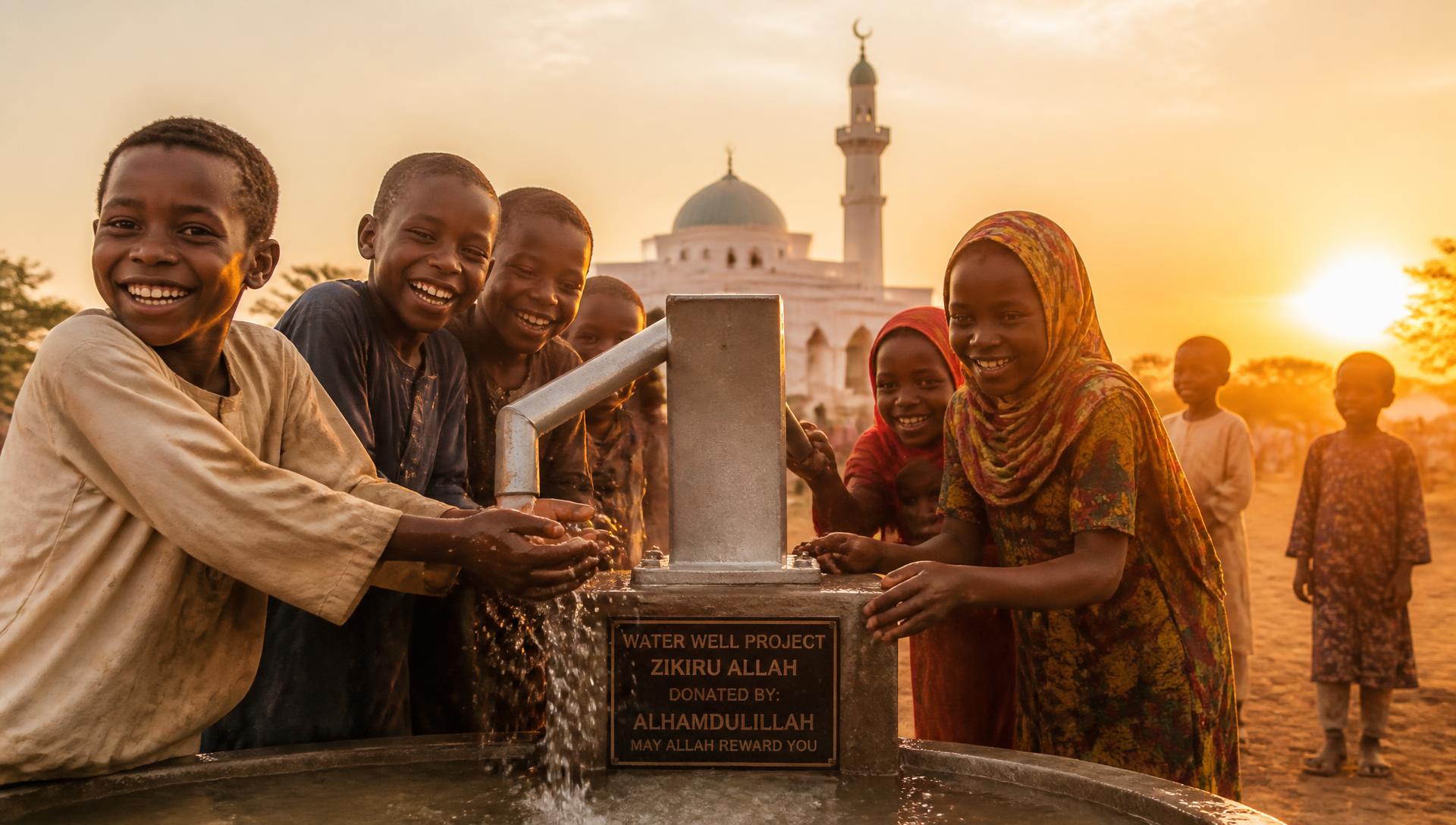 Smiling African children gathered around a new water well with a mosque at sunset
